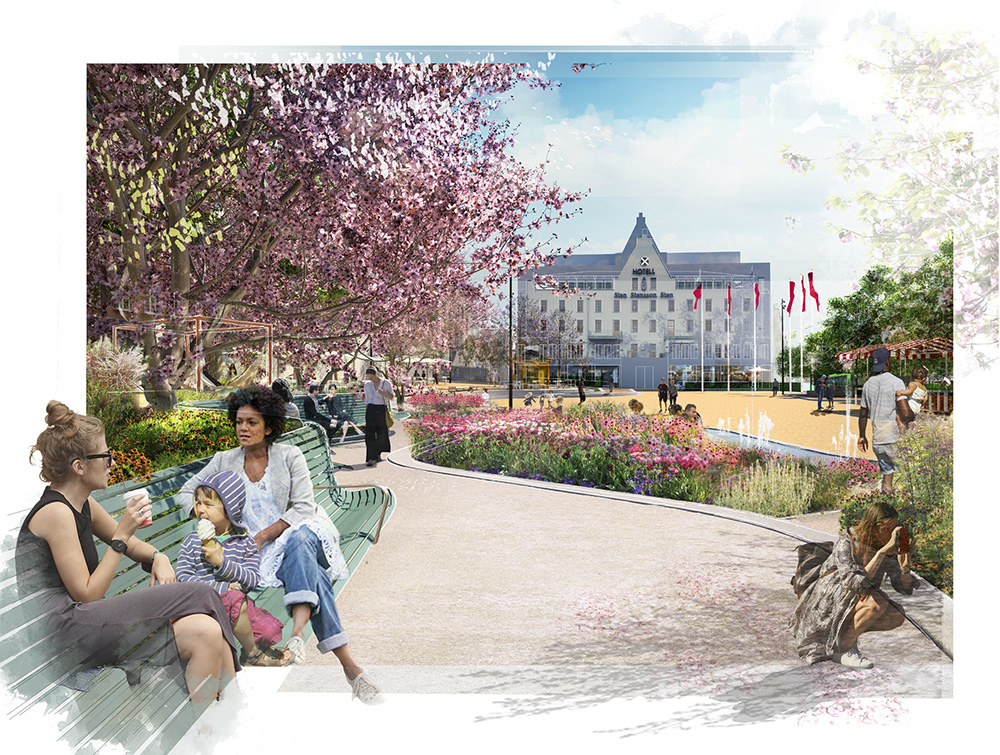 Stora torg sett från Perennparketten i torgets nordöstra hörn.